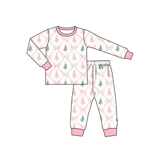 5.23 Preorder (moq 5)Baby Girls Long Sleeves Pink Bows Trees Plaid Top Pant Pajamas Set