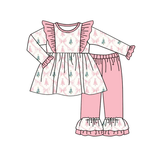 5.23 Preorder (moq 5)Baby Girls Long Sleeves Pink Bows Trees Plaid Tunic Ruffle Pant Set