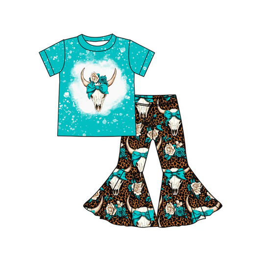 5.24 Preorder (moq 5)Baby Girls Western Cow Skull Bow Top Bell Bottom Pant Sets