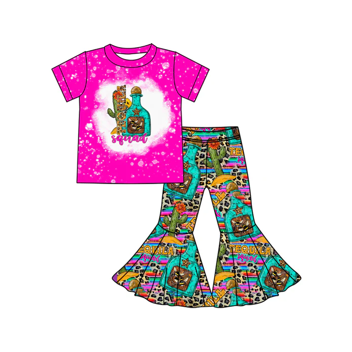 5.24 Preorder (moq 5)Baby Girls Western Pink Cactus Top Bell Bottom Pant Sets