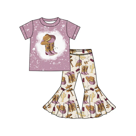 5.24 Preorder (moq 5)Baby Girls Western Purple Boots Top Bell Bottom Pant Sets