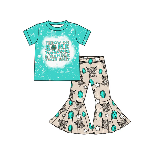 5.24 Preorder (moq 5)Baby Girls Western Throw On Turquoise Top Bell Bottom Pant Sets