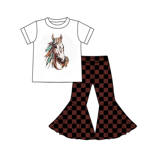 5.24 Preorder (moq 5)Baby Girls Western Horse Top Brown Checkered Bell Bottom Pant Sets