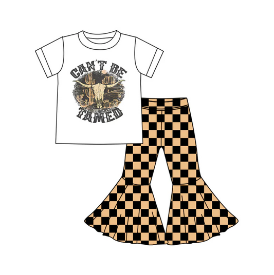 5.24 Preorder (moq 5)Baby Girls Western Can't Be Tamed Top Checkered Bell Bottom Pant Sets