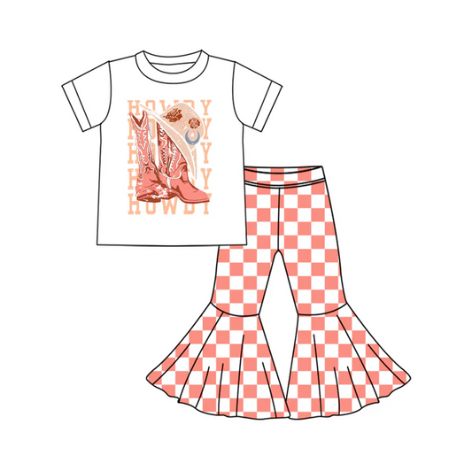 5.24 Preorder (moq 5)Baby Girls Western Howdy Boots Top Checkered Bell Bottom Pant Sets