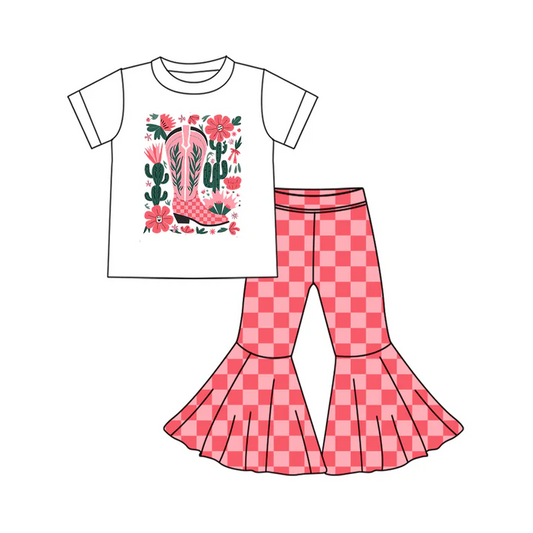 5.24 Preorder (moq 5)Baby Girls Western Pink Boots Flowers Top Checkered Bell Bottom Pant Sets