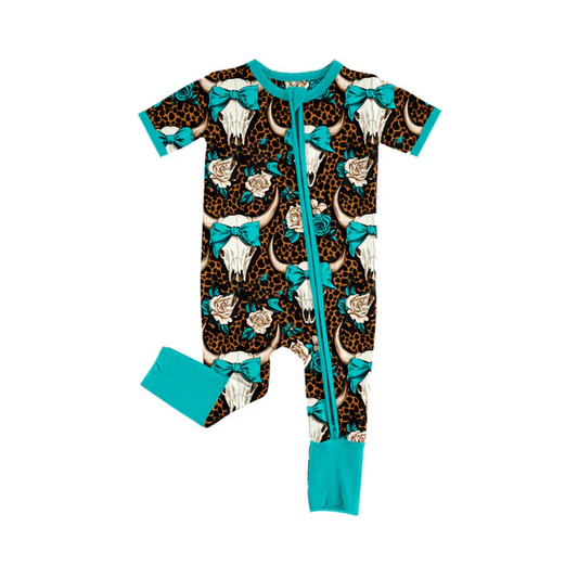 5.24 Preorder (moq 5)Baby Girls Western Cow Skull Bow Zipper Rompers