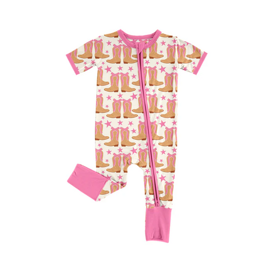 5.24 Preorder (moq 5)Baby Girls Western Pink Boots Stars Zipper Rompers