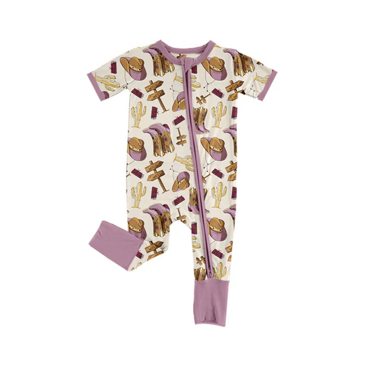 5.24 Preorder (moq 5)Baby Girls Western Western Purple Boots Zipper Rompers