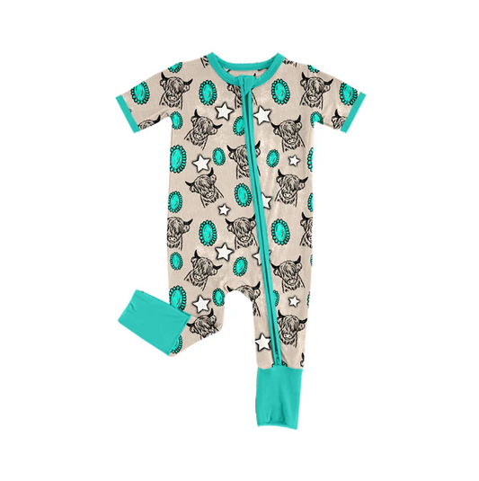 5.24 Preorder (moq 5)Baby Girls Western Cow Turquoise Zipper Rompers