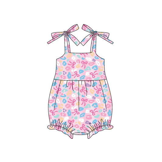 5.24 Preorder (moq 5)Baby Girls Pink Strap Bows Leopard Ruffle Rompers