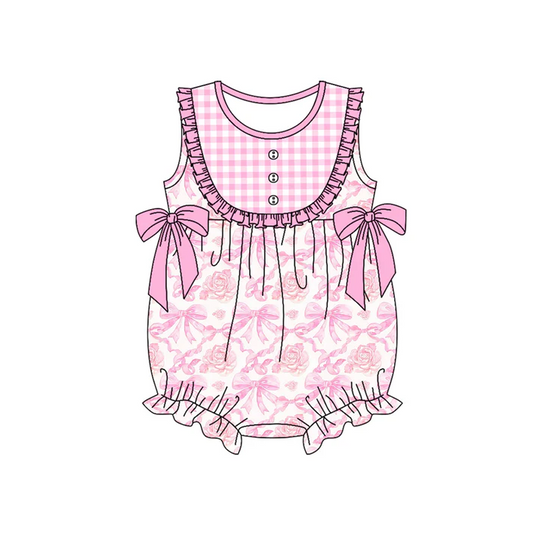5.24 Preorder (moq 5)Baby Girls Pink Sleeveless Flowers Bows Button Ruffle Rompers