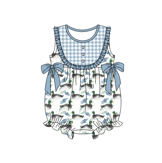 5.24 Preorder (moq 5)Baby Girls Blue Sleeveless Ducks Bows Button Ruffle Rompers