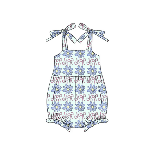 5.24 Preorder (moq 5)Baby Girls Blue Strap Bows Flowers Ruffle Rompers