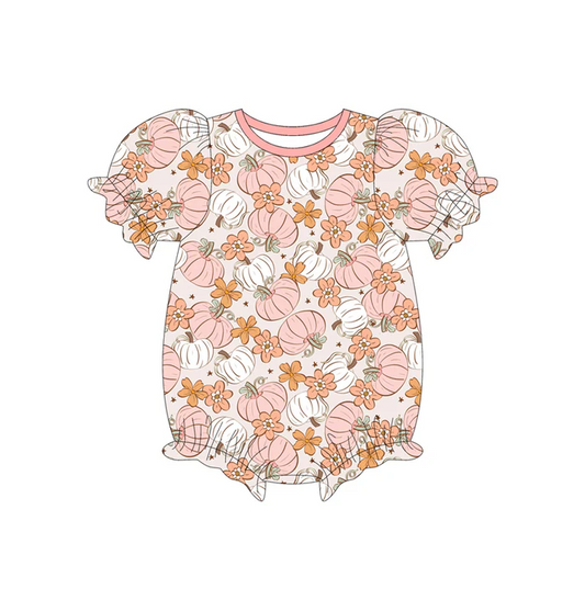 5.24 Preorder (moq 5)Baby Girls Short Ruffle Sleeves Pink Pumpkin Flowers Rompers