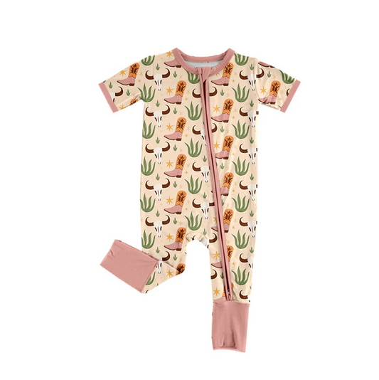 5.24  Preorder (moq 5)Baby Boys Peach Short Sleeves Bull Skull Cactus Zipper Rompers