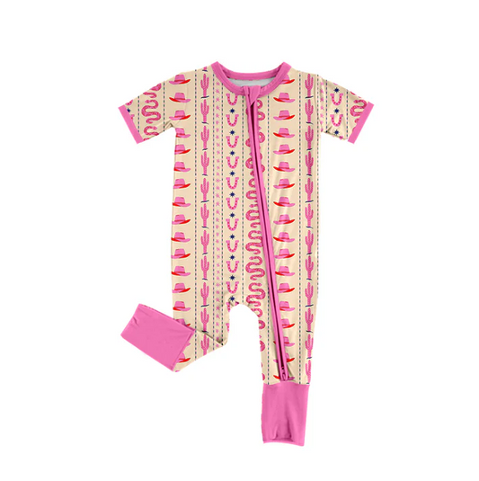 5.24 Preorder (moq 5)Baby Boys Pink Short Sleeves Boots Cactus Stripe Zipper Rompers