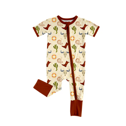5.24 Preorder (moq 5)Baby Boys Khaki Short Sleeves Boots Cactus Zipper Rompers