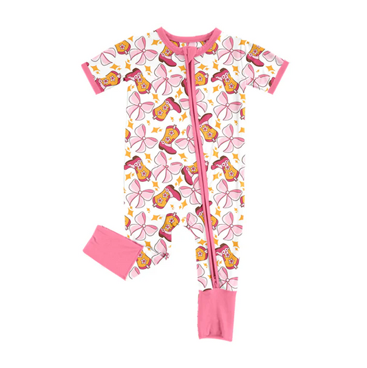 5.24 Preorder (moq 5)Baby Girls Pink Short Sleeves Bows Boots Stars Zipper Rompers