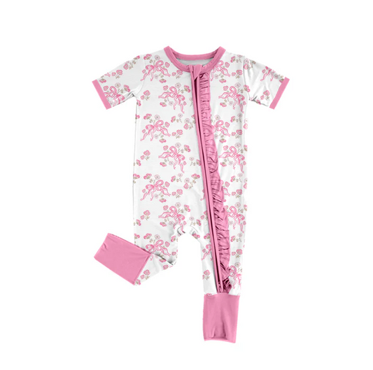 5.24 Preorder (moq 5)Baby Girls Short Sleeves Bows Flowers Zipper Rompers