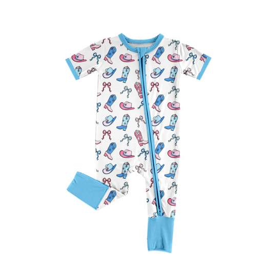 5.24 Preorder (moq 5)Baby Boys Blue Short Sleeves Boots Bows Hats Zipper Rompers