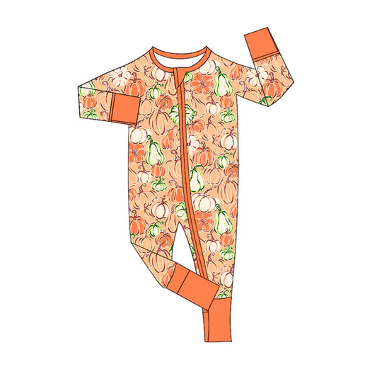 5.24 Preorder (moq 5)Baby Boys Orange Long Sleeves Pumpkins Plaid Zipper Rompers