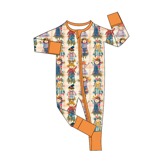 5.24 Preorder (moq 5)Baby Boys Orange Plaid Long Sleeves Scarecrows Zipper Rompers