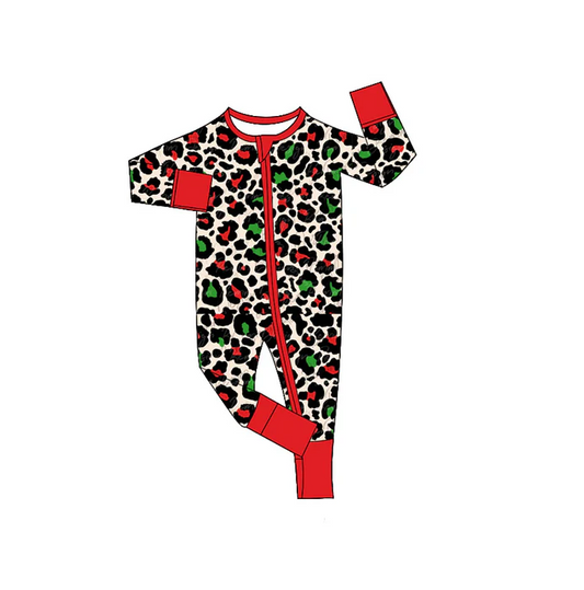 5.24 Preorder (moq 5)Baby Boys Red Long Sleeves Black Leopard Zipper Rompers