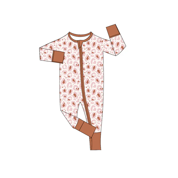 5.24 Preorder (moq 5)Baby Boys Long Sleeves Brown Leopard Zipper Rompers
