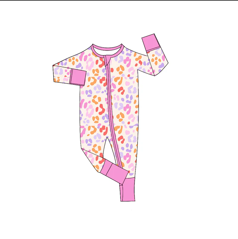 5.24 Preorder (moq 5)Baby Boys Pink Long Sleeves Colorful Leopard Zipper Rompers