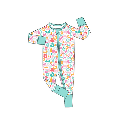 5.24 Preorder (moq 5)Baby Boys Blue Long Sleeves Colorful Leopard Zipper Rompers