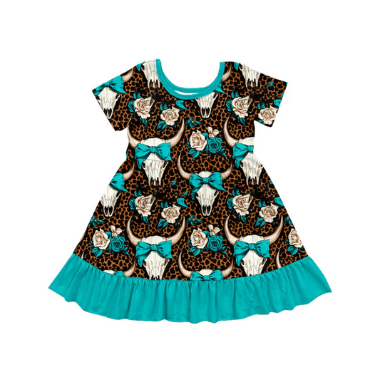 5.24 Preorder (moq 5)Baby Girls Western Cow Skull Bow Knee Length Dresses