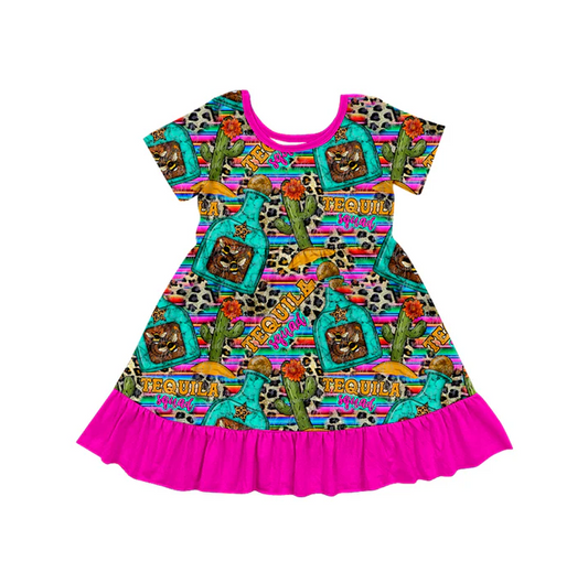 5.24 Preorder (moq 5)Baby Girls Western Pink Cactus Knee Length Dresses