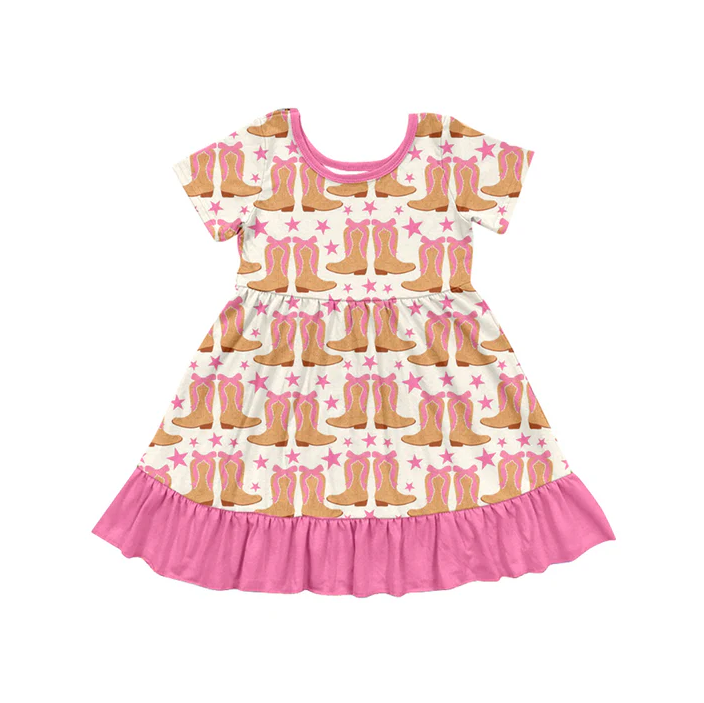 5.24 Preorder (moq 5)Baby Girls Western Pink Boots Stars Knee Length Dresses