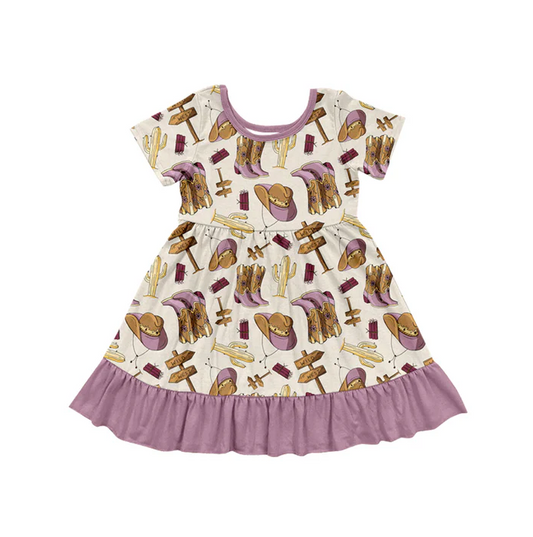 5.24 Preorder (moq 5)Baby Girls Western Purple Boots Knee Length Dresses
