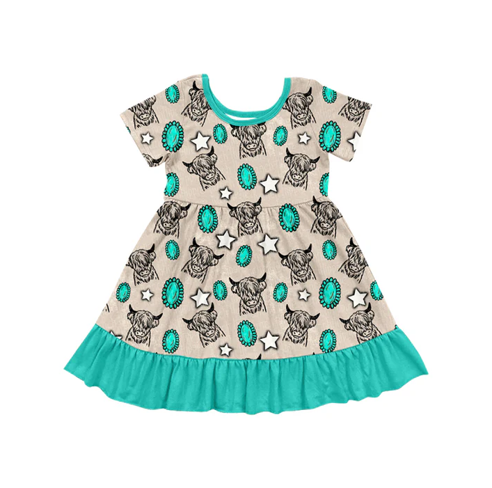 5.24 Preorder (moq 5)Baby Girls Western Turquoise Cow Knee Length Dresses