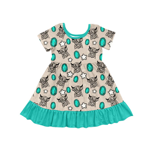 5.24 Preorder (moq 5)Baby Girls Western Turquoise Cow Knee Length Dresses