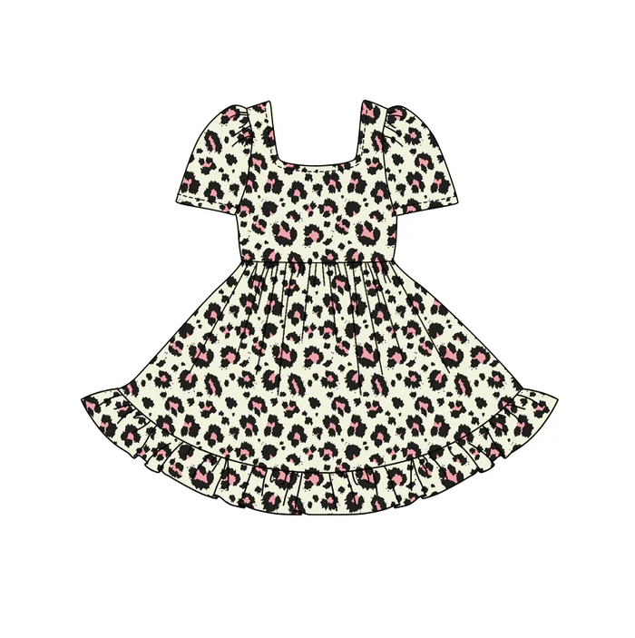 5.24 Preorder (moq 5)Baby Girls Short Sleeves Leopard Print Ruffle Knee Length Dresses