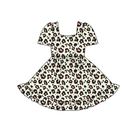 5.24 Preorder (moq 5)Baby Girls Short Sleeves Leopard Print Ruffle Knee Length Dresses