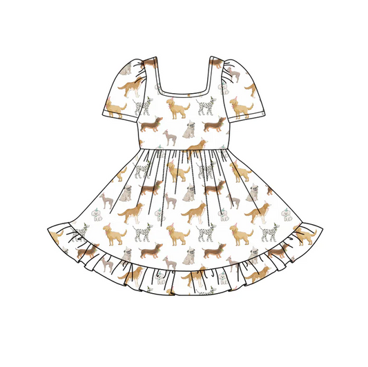 5.24 Preorder (moq 5)Baby Girls Short Sleeves Birthday Dogs Plaid Ruffle Knee Length Dresses