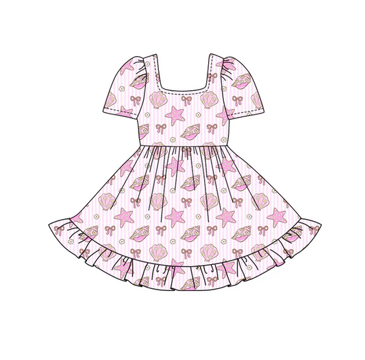 5.24 Preorder (moq 5)Baby Girls Short Sleeves Pink Stripe Bows Sea World Ruffle Knee Length Dresses