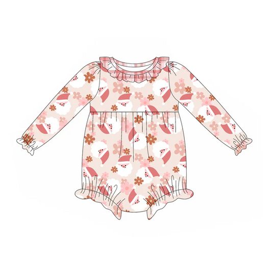 5.26 Preorder (moq 5)Baby Girls Long Ruffle Sleeves Santa Flowers Rompers
