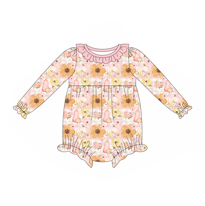 5.26 Preorder (moq 5)Baby Girls Long Ruffle Sleeves Peach Floral Pumpkins Rompers