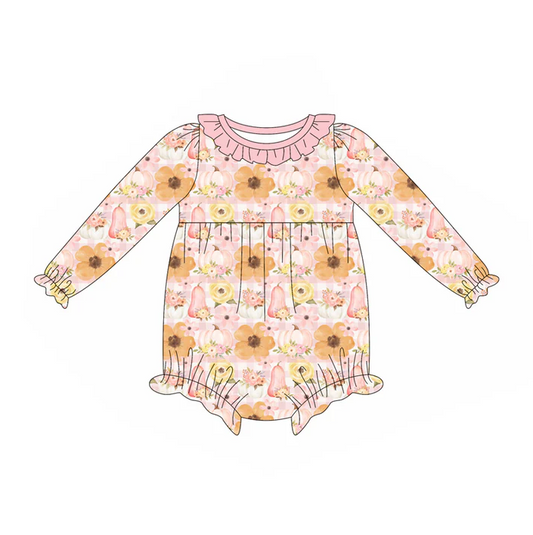 5.26 Preorder (moq 5)Baby Girls Long Ruffle Sleeves Peach Floral Pumpkins Rompers