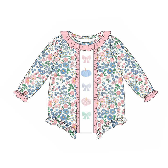 5.26 Preorder (moq 5)Baby Girls Long Ruffle Sleeves Blue Floral Pumpkins Bows Rompers