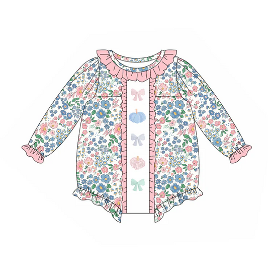 5.26 Preorder (moq 5)Baby Girls Long Ruffle Sleeves Blue Floral Pumpkins Bows Rompers