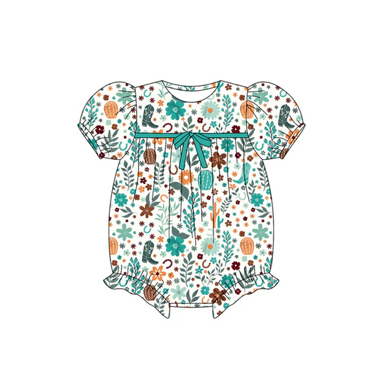 5.26 Preorder (moq 5)Baby Girls Short Ruffle Sleeves Green Floral Boots Rompers