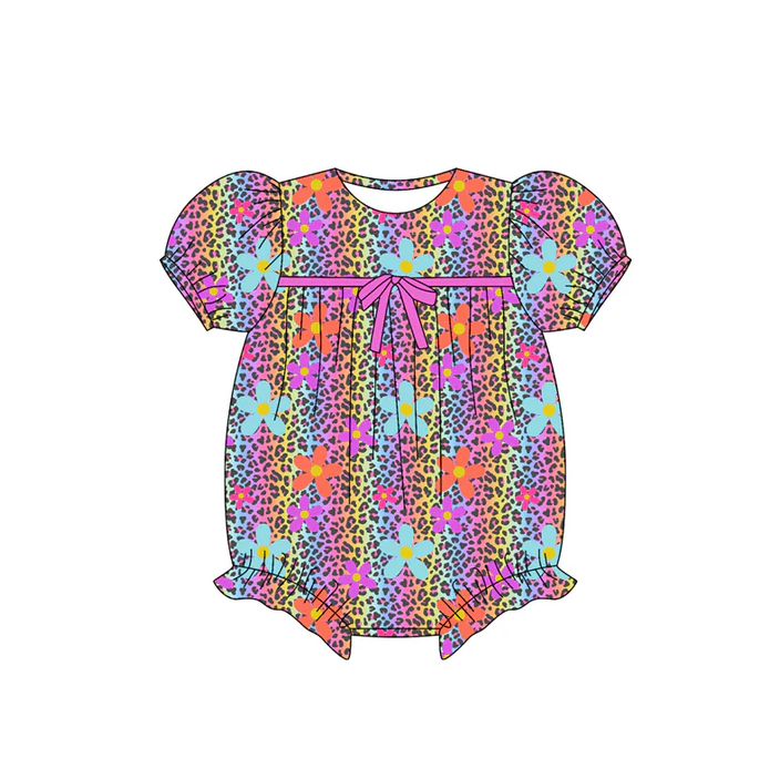5.26 Preorder (moq 5)Baby Girls Short Ruffle Sleeves Colorful Leopard Flowers Rompers