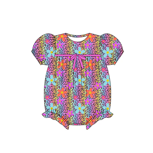 5.26 Preorder (moq 5)Baby Girls Short Ruffle Sleeves Colorful Leopard Flowers Rompers