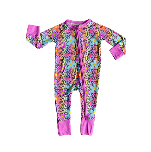 5.26 Preorder (moq 5)Baby Girls Long Sleeves Colorful Leopard Flowers Zipper Rompers